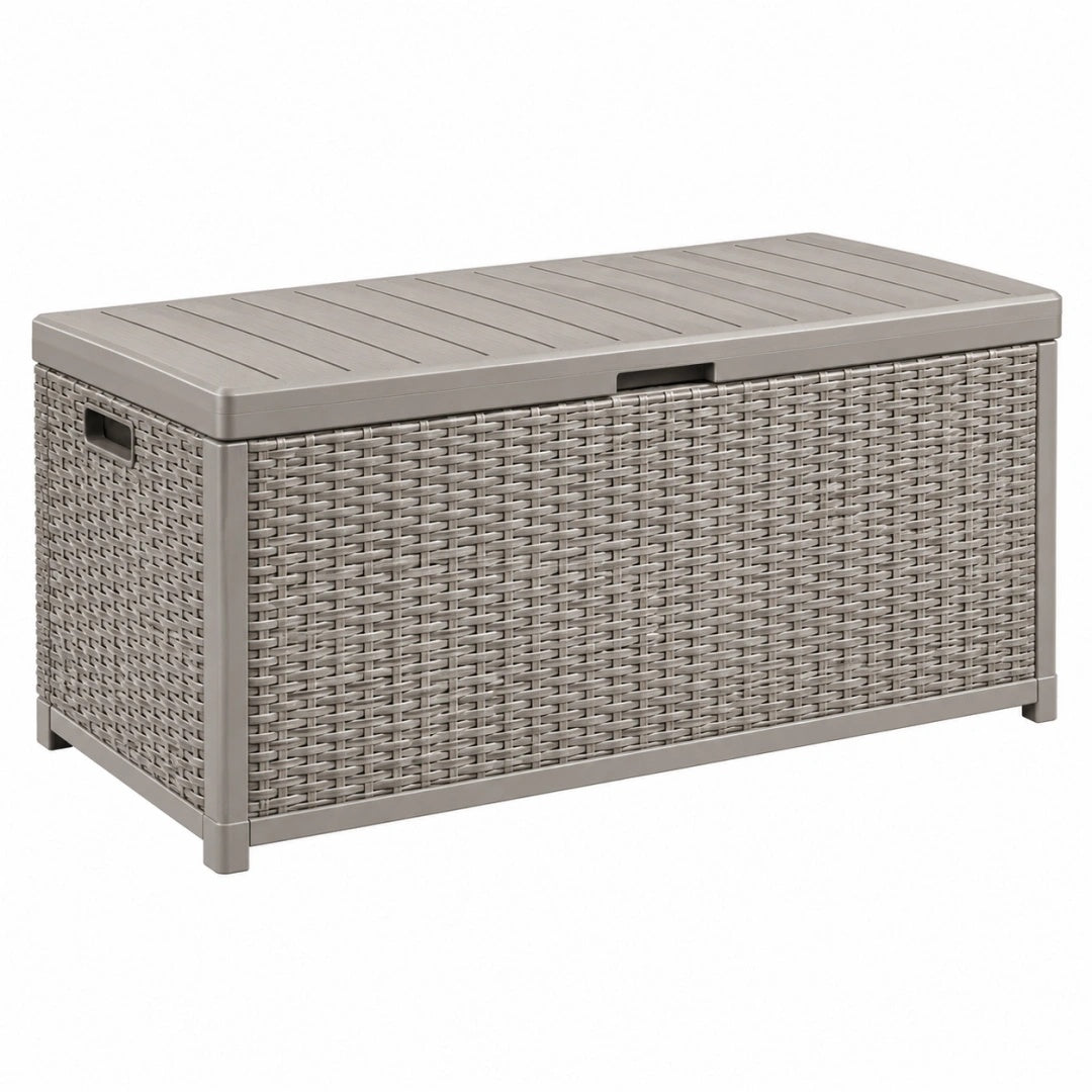 Garten-Aufbewahrungsbox 120 x 56 x 63 cm Kunststoff Taupe in Rattanoptik mit Klappdeckel