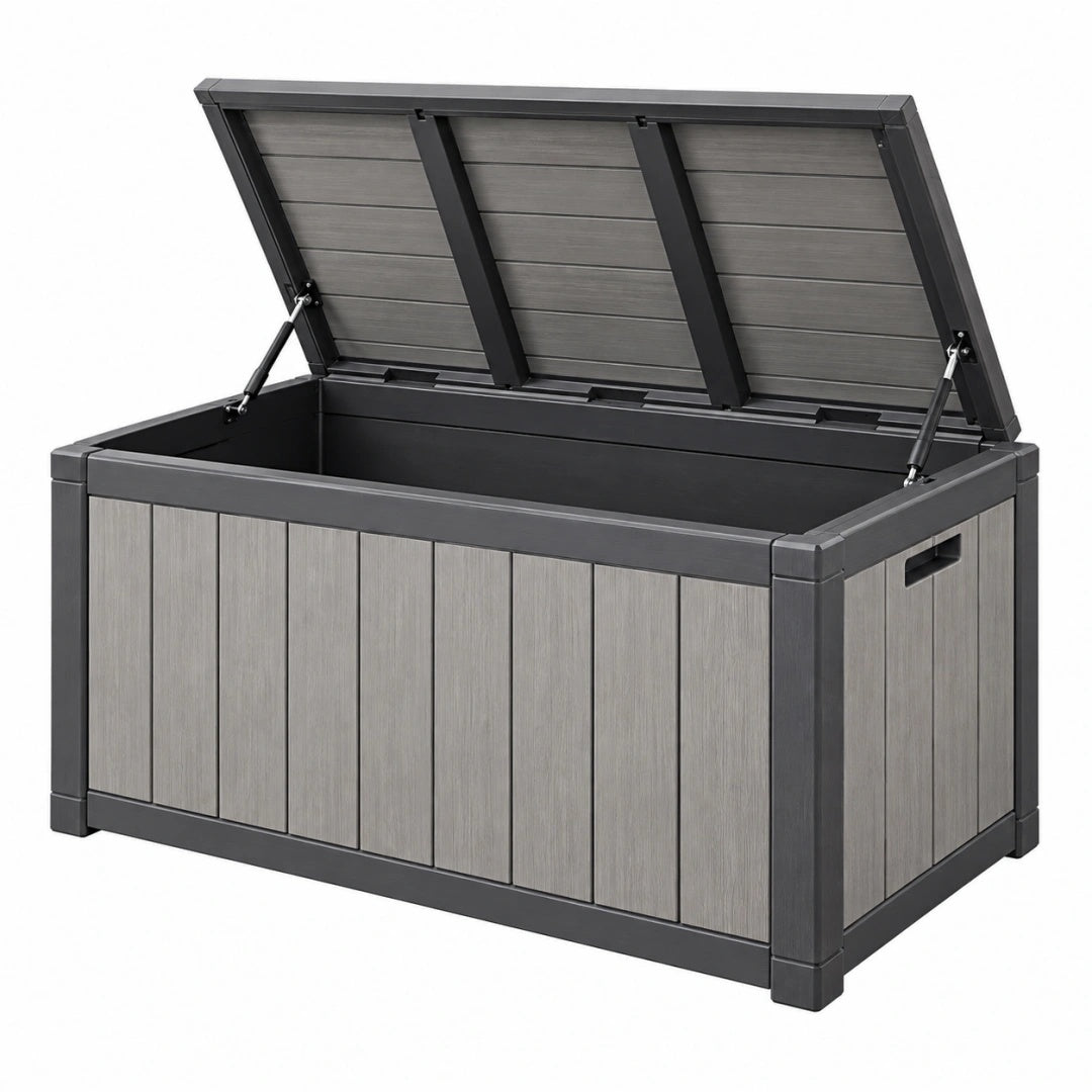 Garten-Aufbewahrungsbox 120 x 60 x 63 cm aus Kunststoff in Grau mit Klappdeckel