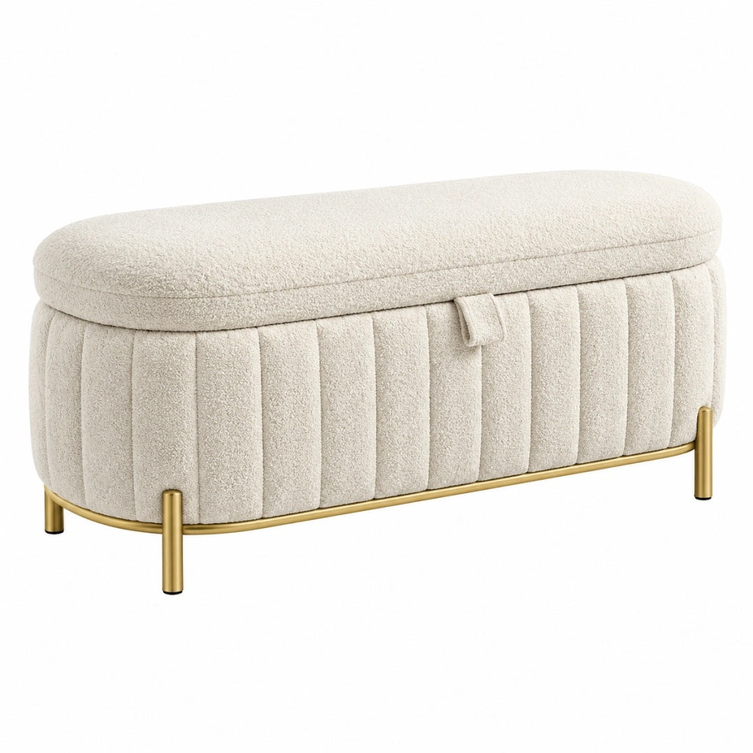 Aufbewahrungsbank 100 x 45 x 45 cm aus Boucléstoff in Creme mit Metallbeinen