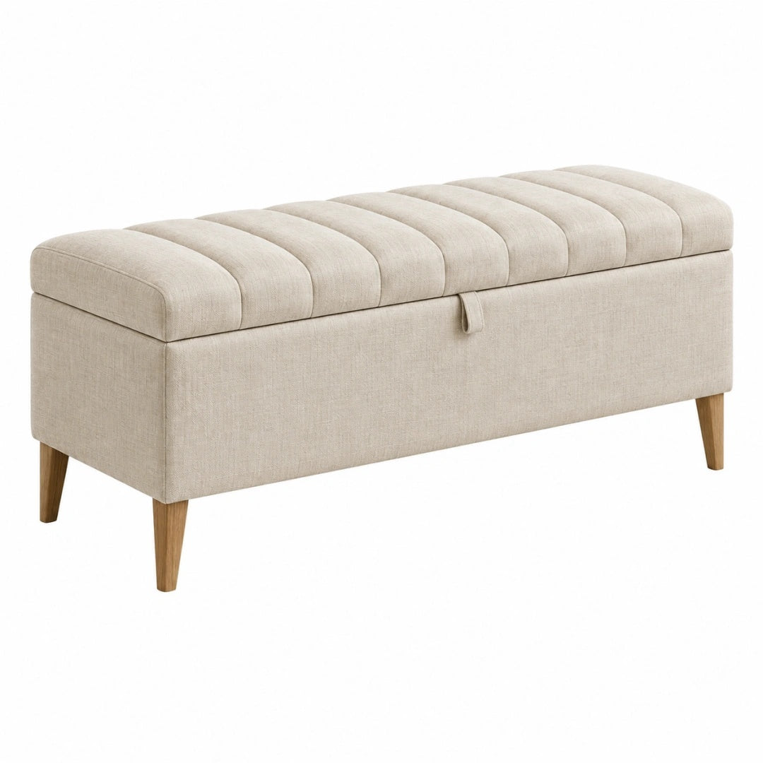 Sitzbank mit Stauraum 110 x 45 x 48 cm Beige Stoff Holzbeine gerippte Polsterung