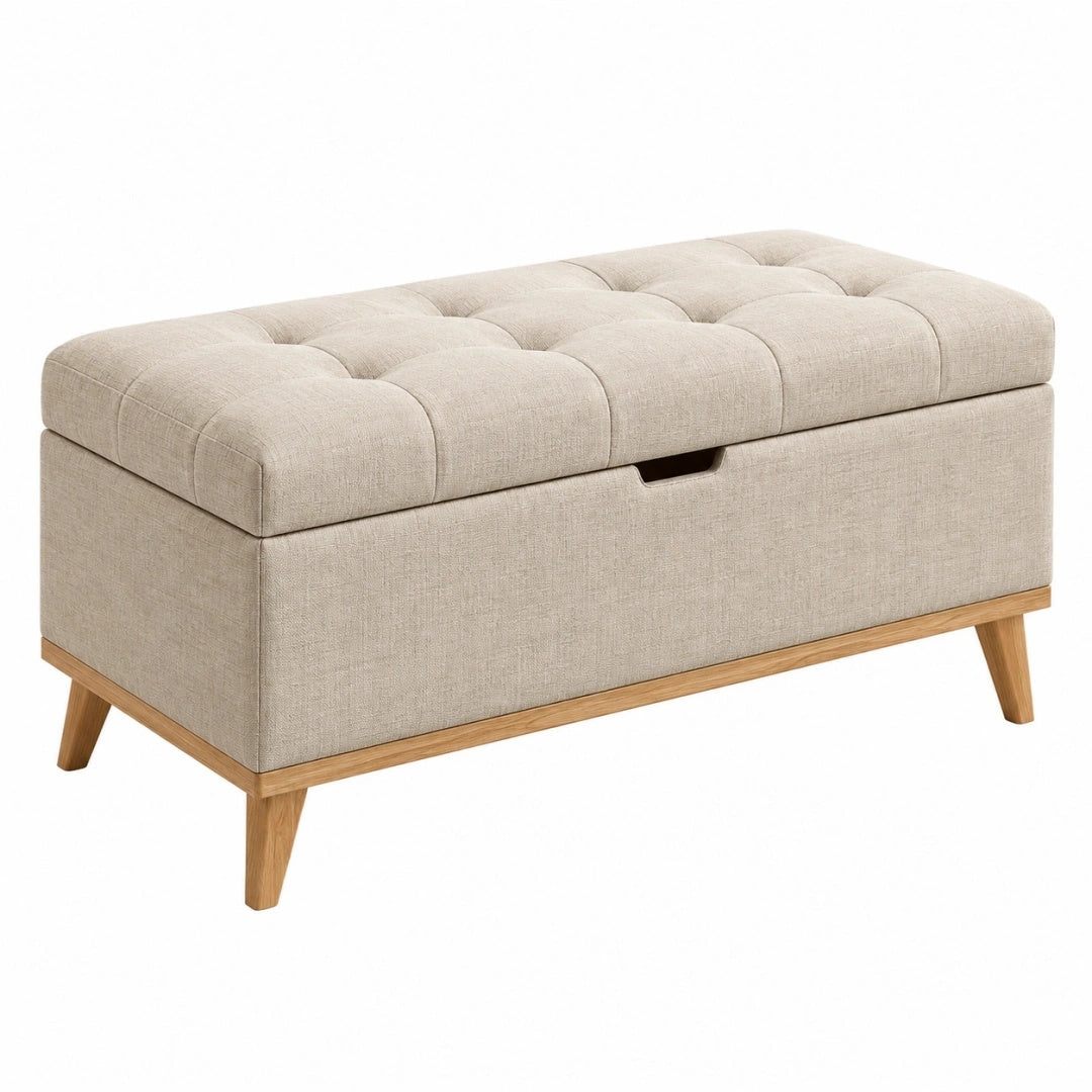Sitzbank mit Stauraum 100 x 40 x 45 cm Textil Beige Holzgestell mit Klappdeckel