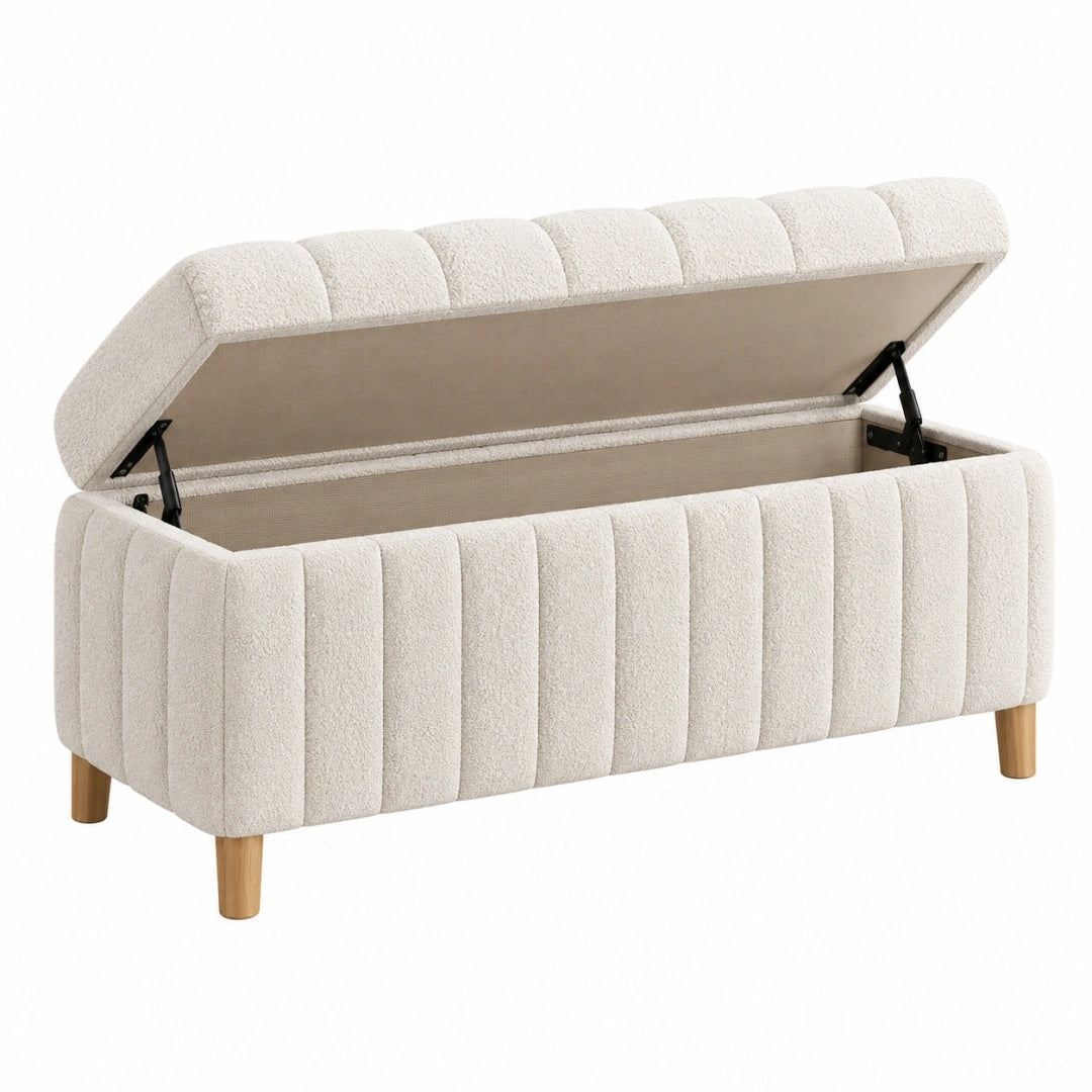 Truhenbank 110 cm Bouclé Creme mit Stauraum - gepolsterte Sitzbank im modernen Stil