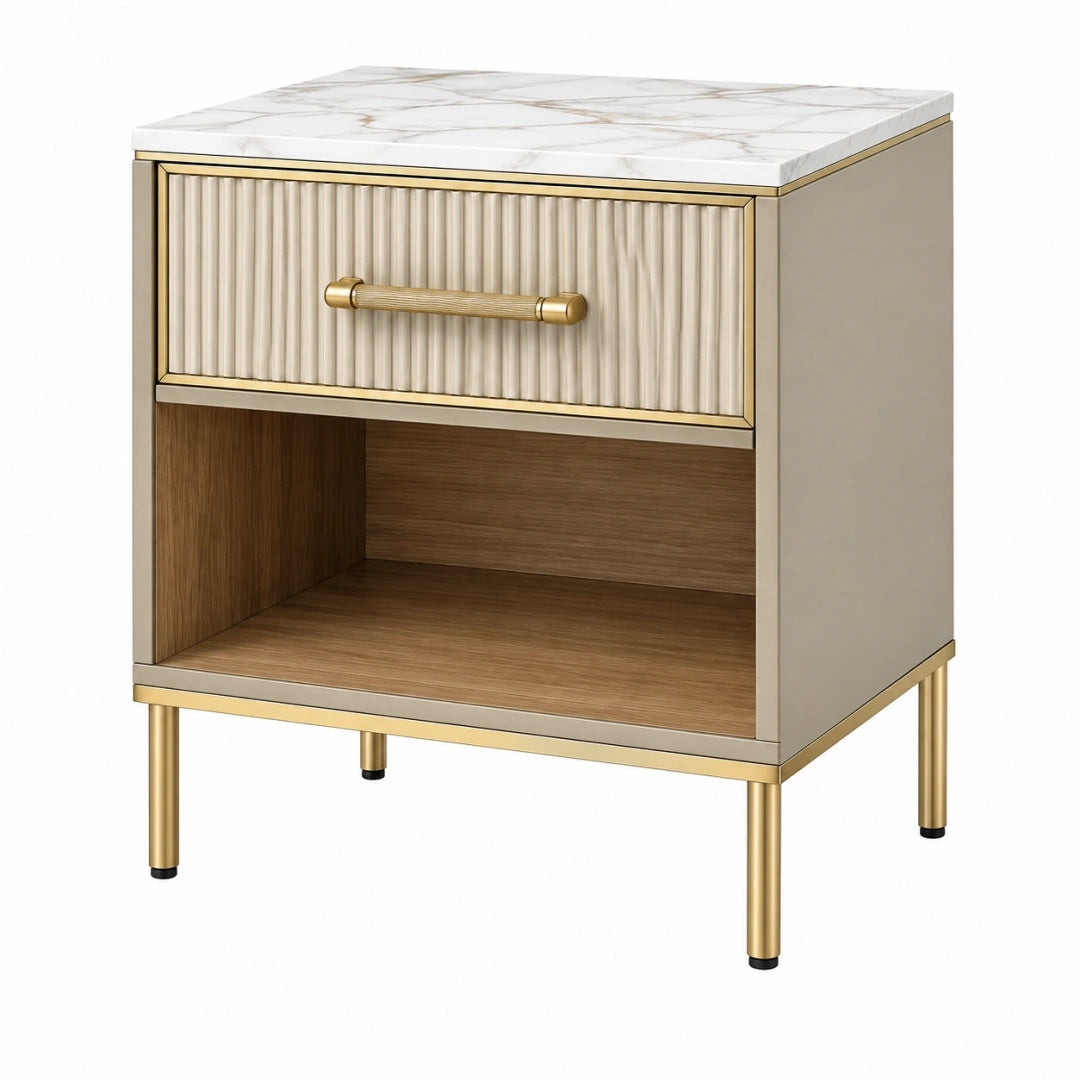 Nachttisch 50 x 40 x 60 cm in Beige Gold mit Marmoroptik und Schublade