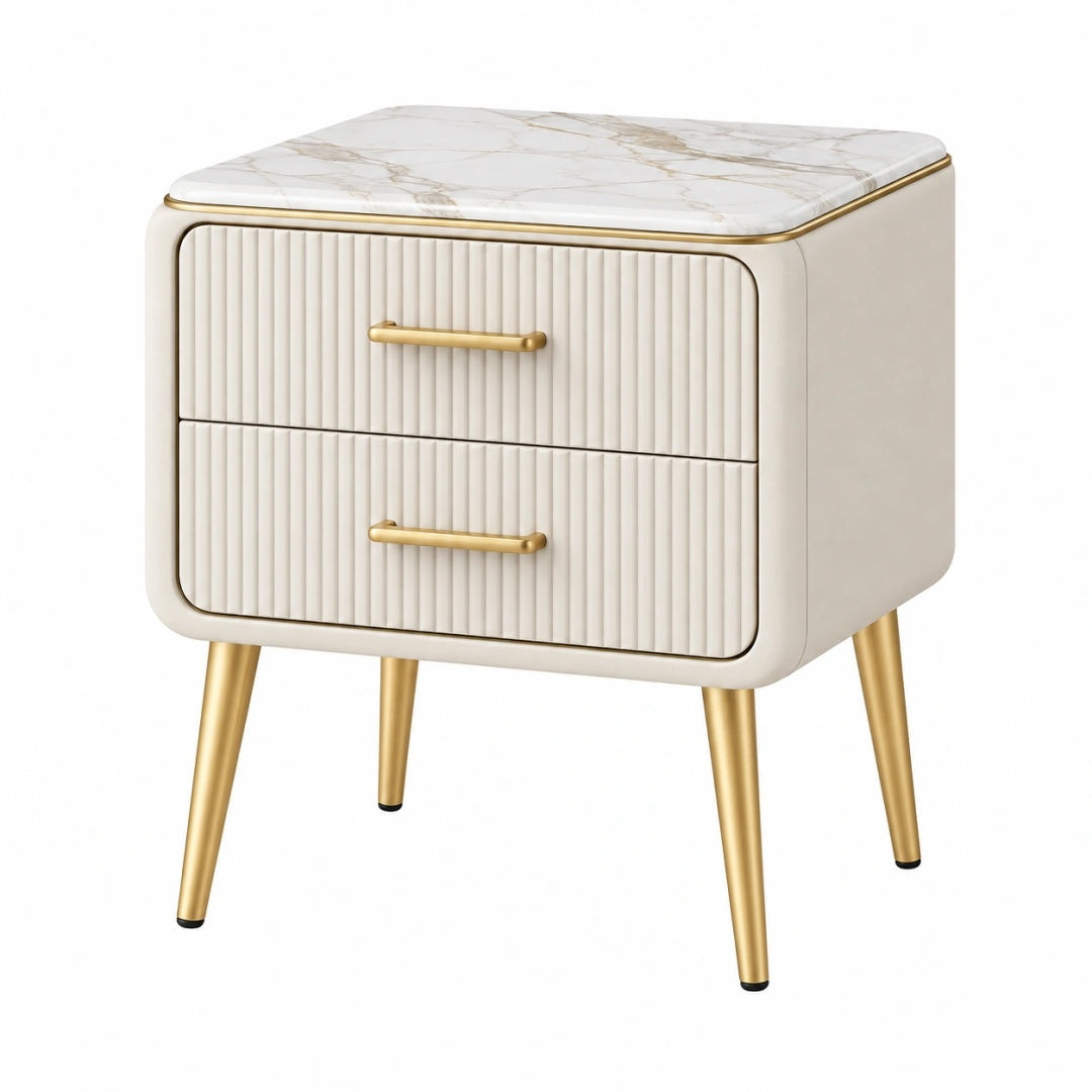 Nachttisch 50 x 40 x 60 cm Weiß Holzwerkstoff mit Marmoroptik Goldfarben 2 Schubladen
