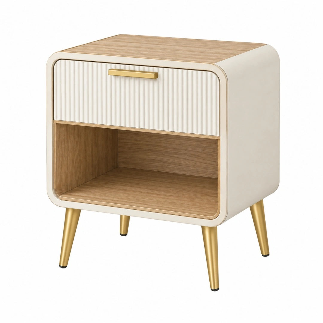 Nachttisch 50 x 40 x 60 cm Holzwerkstoff Beige Naturholz Gold mit Schublade und offenem Fach