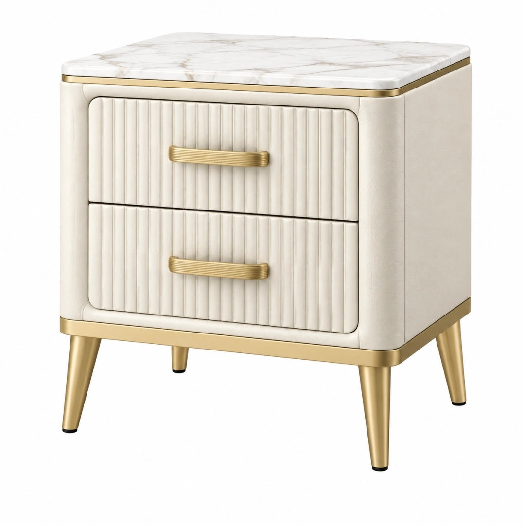 Nachttisch 50 x 40 x 55 cm Creme Gold Kunstleder mit Marmoroptikplatte und 2 Schubladen