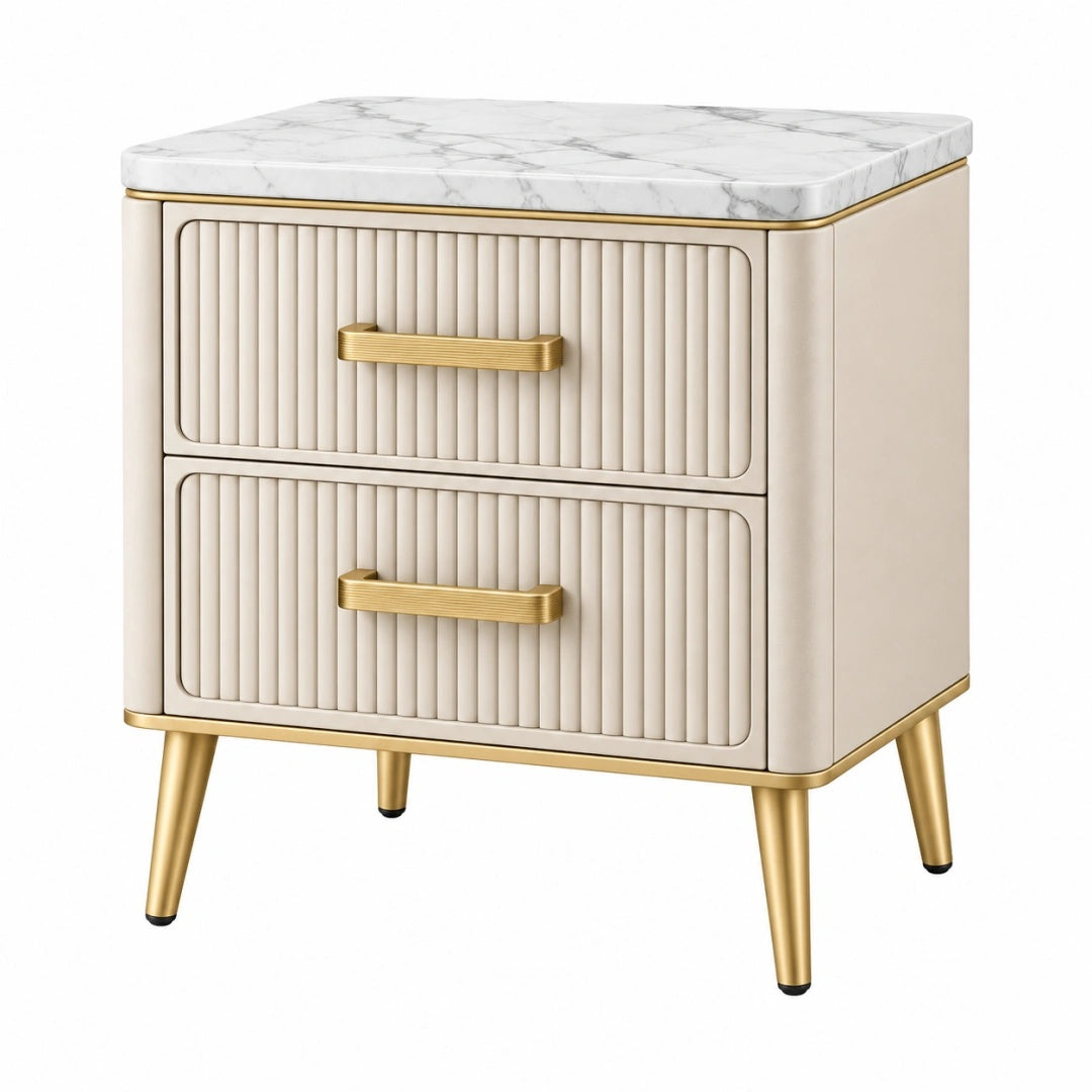 Nachttisch 50 x 40 x 60 cm in Creme mit Marmoroptik und zwei Schubladen