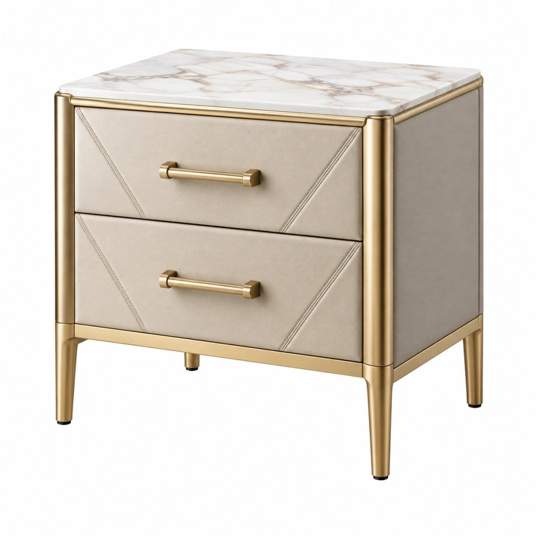 Nachttisch 50 x 40 x 55 cm in Beige und Gold mit Kunstlederbezug Marmoroptik und 2 Schubladen