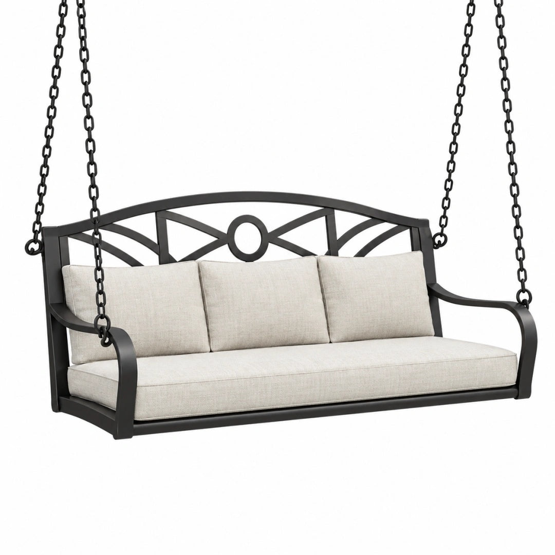 Hollywoodschaukel 170 x 65 x 75 cm aus Metall in Schwarz und Beige mit Kettenaufhängung