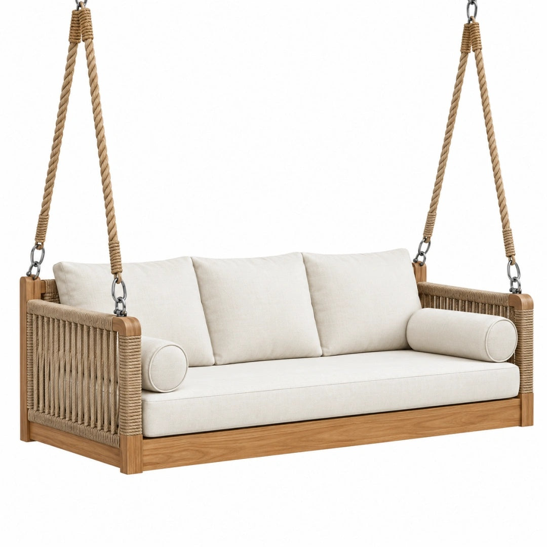 Hängesofa 150 x 80 x 170 cm aus Holz und Seil in Beige Naturbraun im Boho-Stil