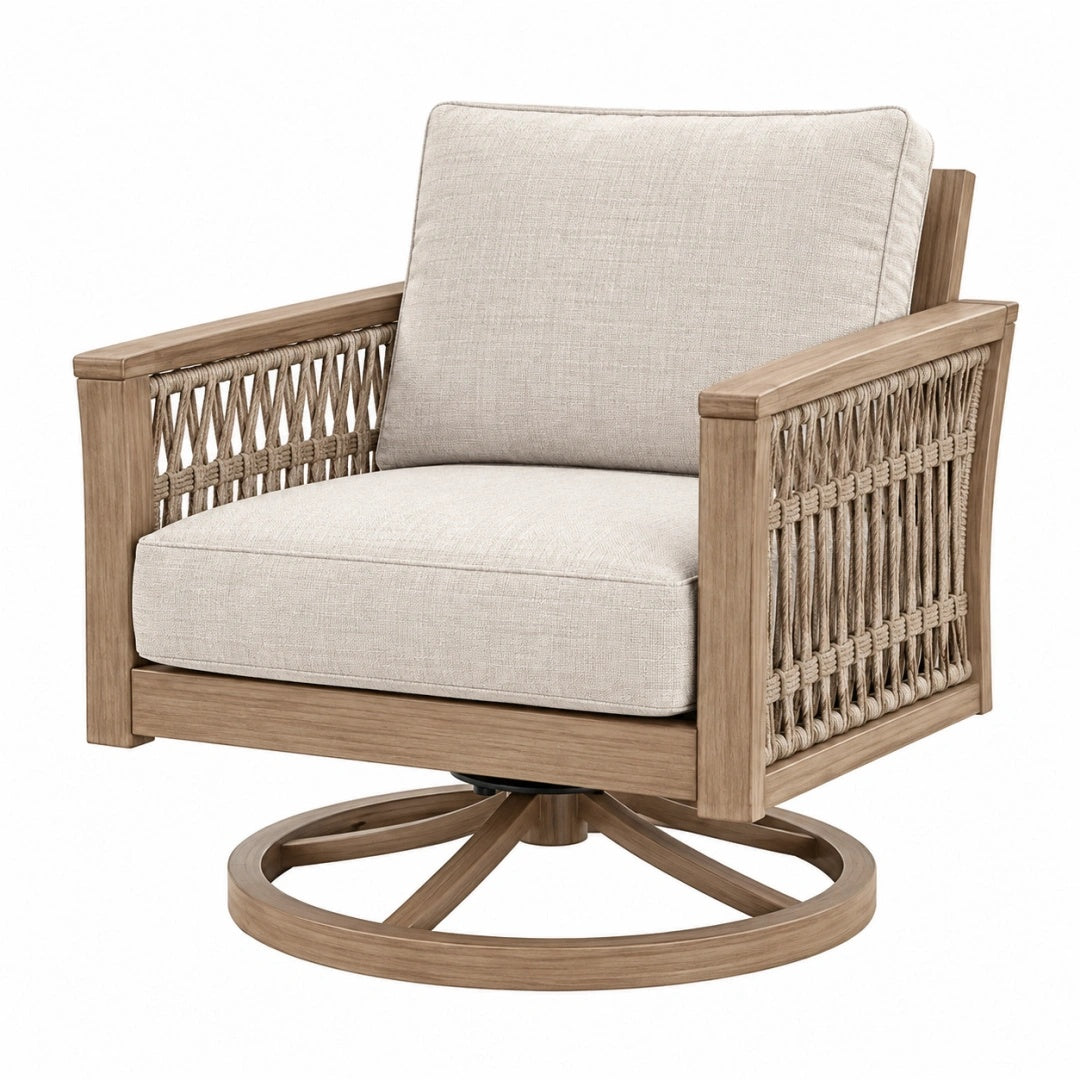 Drehsessel 80 x 82 x 88 cm Holz Natur Beige mit Seilgeflecht für Terrasse