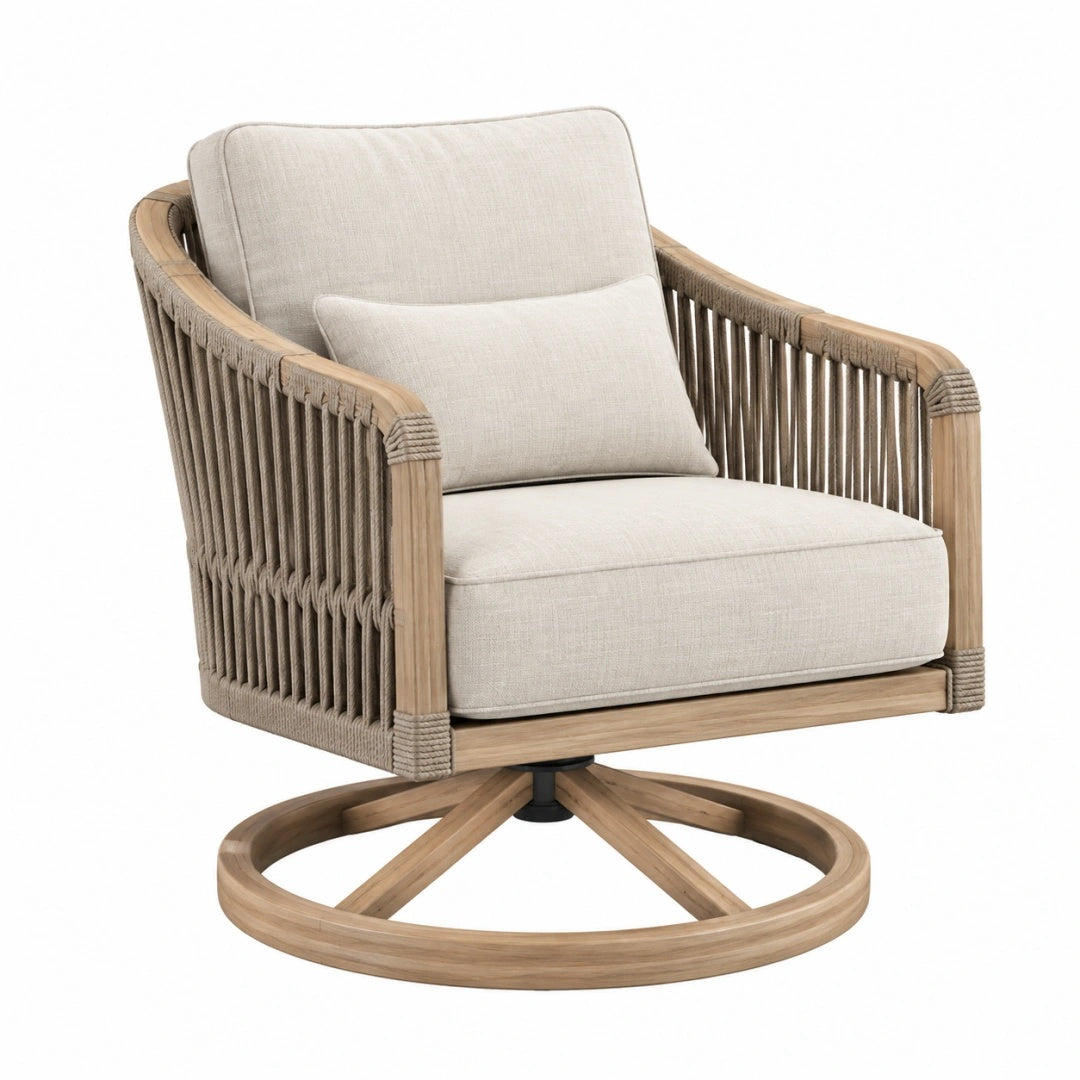 Drehsessel 85 x 80 x 88 cm Beige Naturholz mit Kordelgeflecht - Loungesessel mit Drehfunktion
