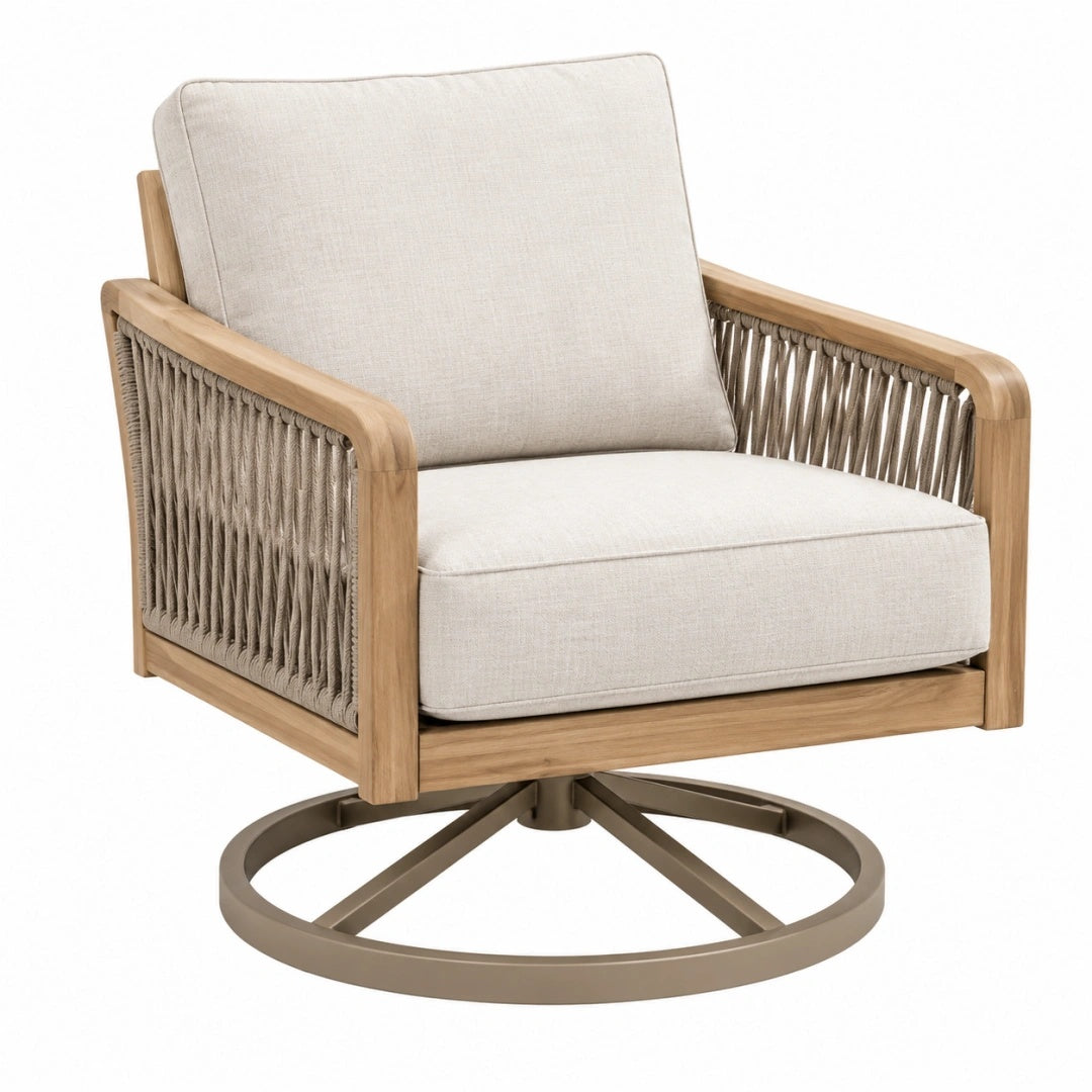 Drehsessel 82 x 86 x 88 cm aus Holz Textil und Metall in Beige Naturbraun mit Seilgeflecht für Lounge